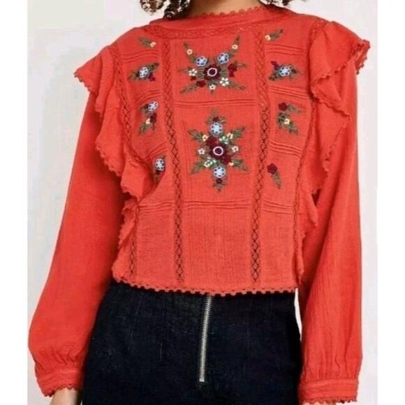 Free People Tops - Free People Amy Red Cotton Embroidered Ruffled Gauze Balloon Sleeves XS
